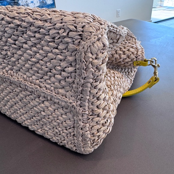 Clare V. Simple Woven Raffia Tote Bag with Yellow Straps and Denim Interior - Picture 7 of 10